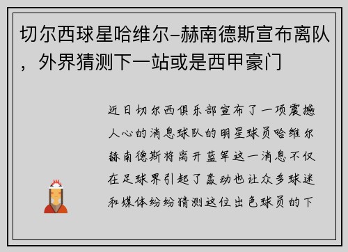 切尔西球星哈维尔-赫南德斯宣布离队，外界猜测下一站或是西甲豪门